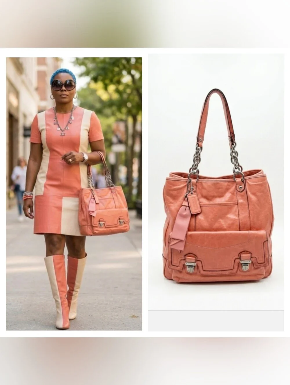 COACH Leather Tote Handbag in Coral